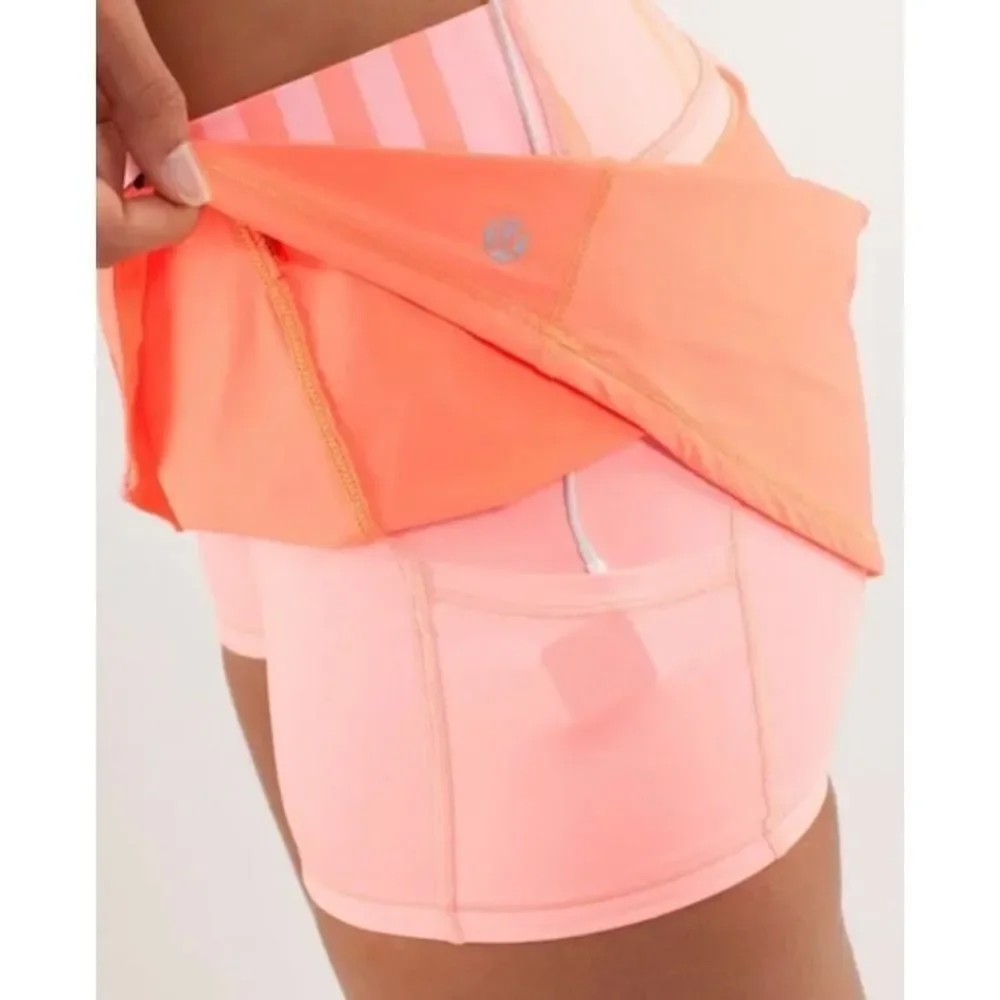 Lululemon Run Pace Skirt Pop Orange Pink Bleached Coral Ocean Stripe Sz 8